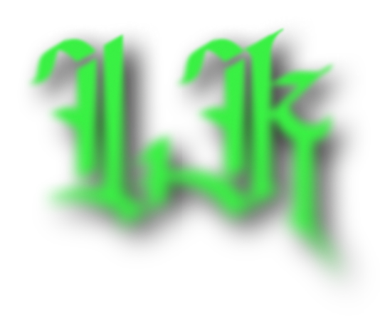 Large green blackletter text which fades into a vertical blur that says Lachlan Kemp.